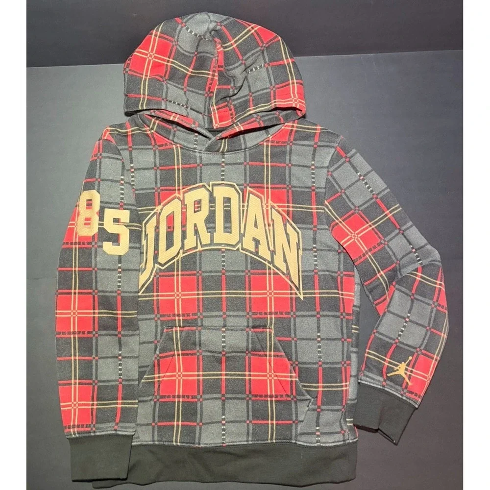 Air Jordan Hoodie Boys L (7) Large Red Essential Holiday Plaid‎ Sweatshirt